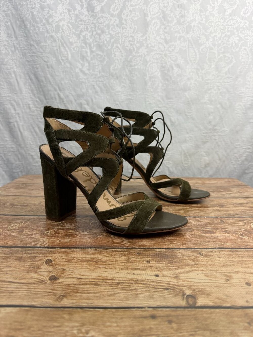 Sam Edelman Women’s Olive Green Suede Lace Up Strappy Block Heel Sandals Size 10